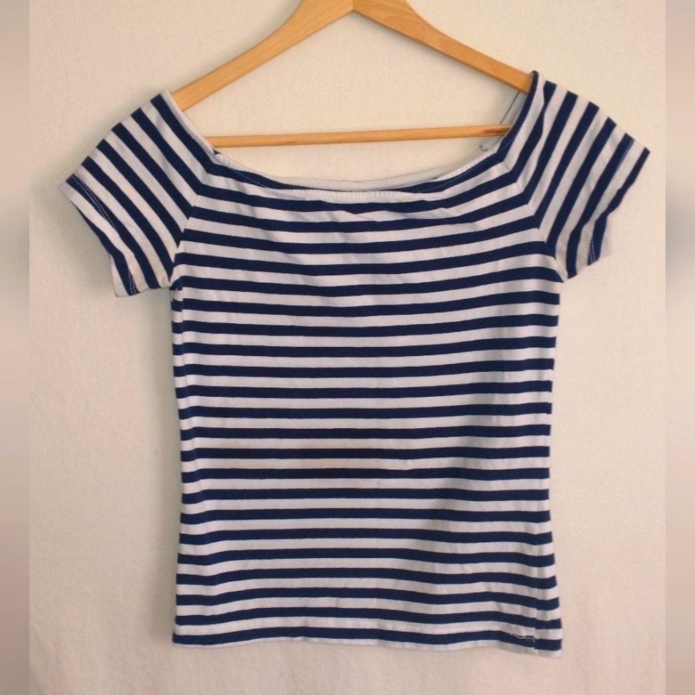 90's Y2K Boat neck Striped Navy and White Women's Top Small Sailercore